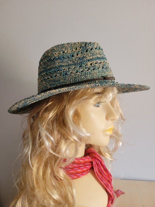 chapeau BORA raphia crochet fino et GALATEA raphia crochet lagon